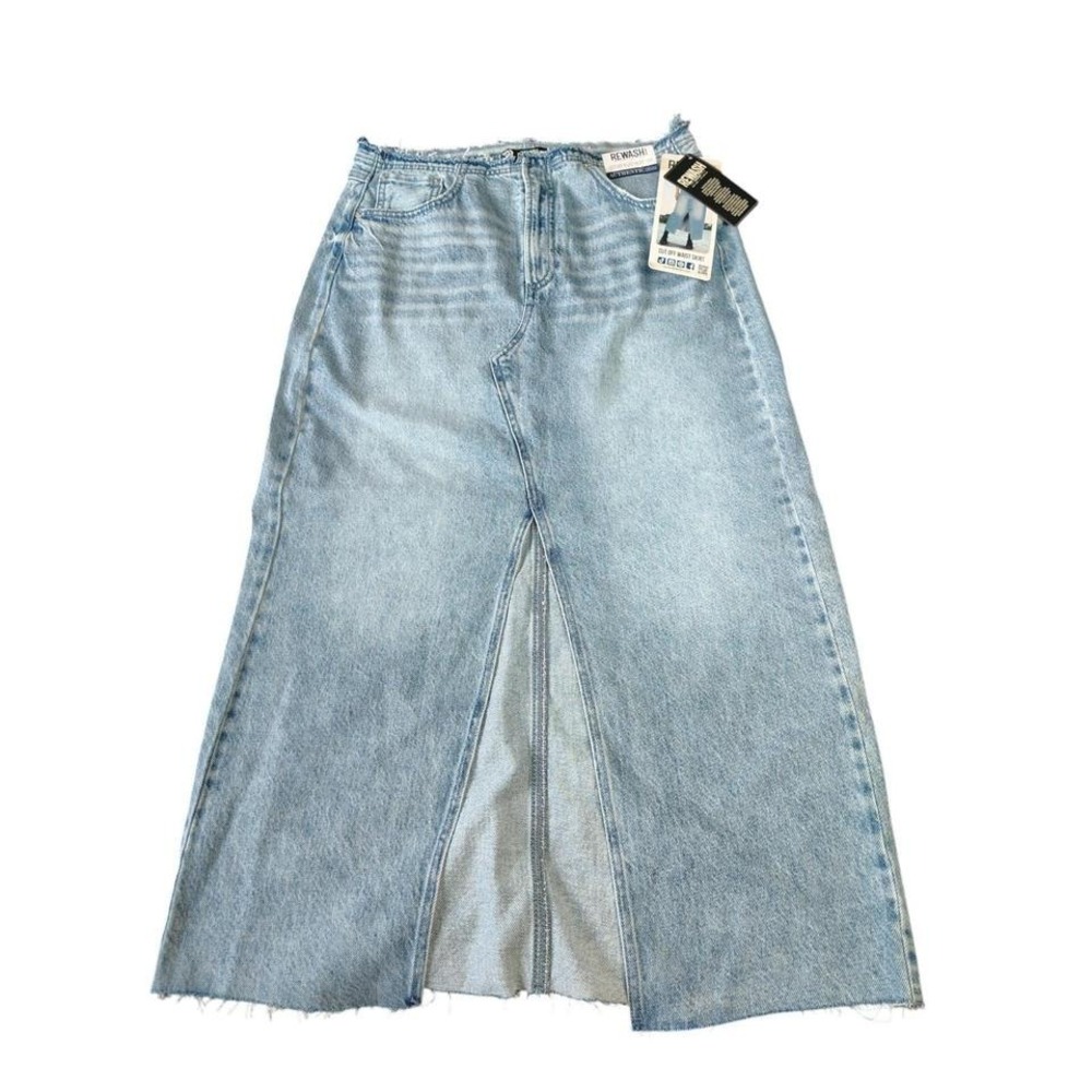 REWASH High Slit Denim Maxi Skirt Size 9/29 NWT Vintage Wash Raw‎ Hem